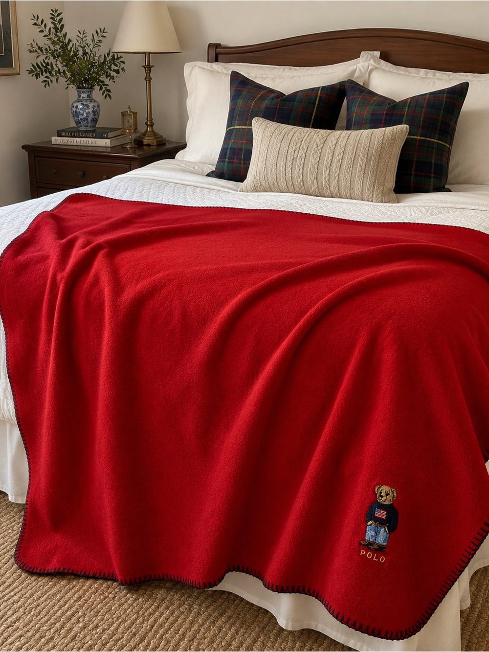 Vintage Polo Ralph Lauren Polo Bear Red Fleece Blanket Throw Black Stitching